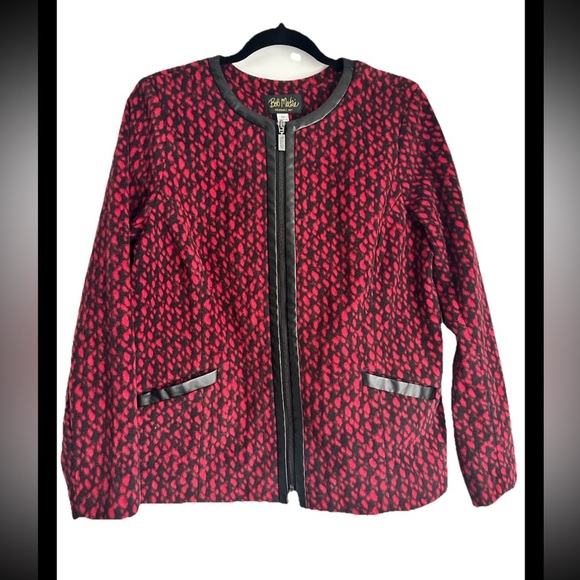 Bob Mackie Jackets & Blazers - BOB MACKIE Wearable Art Red Black Faux Leather Trim Full Zip Jacket Sz M